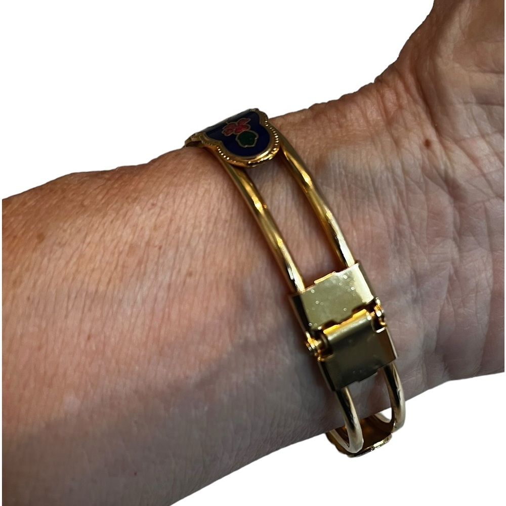 Vtg Enamel Flower Butterfly Multicolor Cloisonné Gold Tone Bracelet Cuff Bangle - Picture 9 of 12